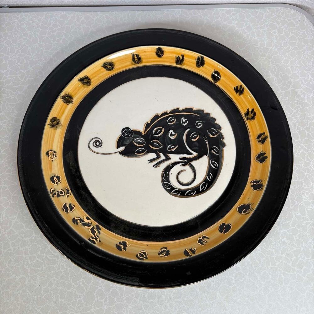 Kylix Signed Art Pottery Plate Chameleon Lizard Black Gold Tribal Design